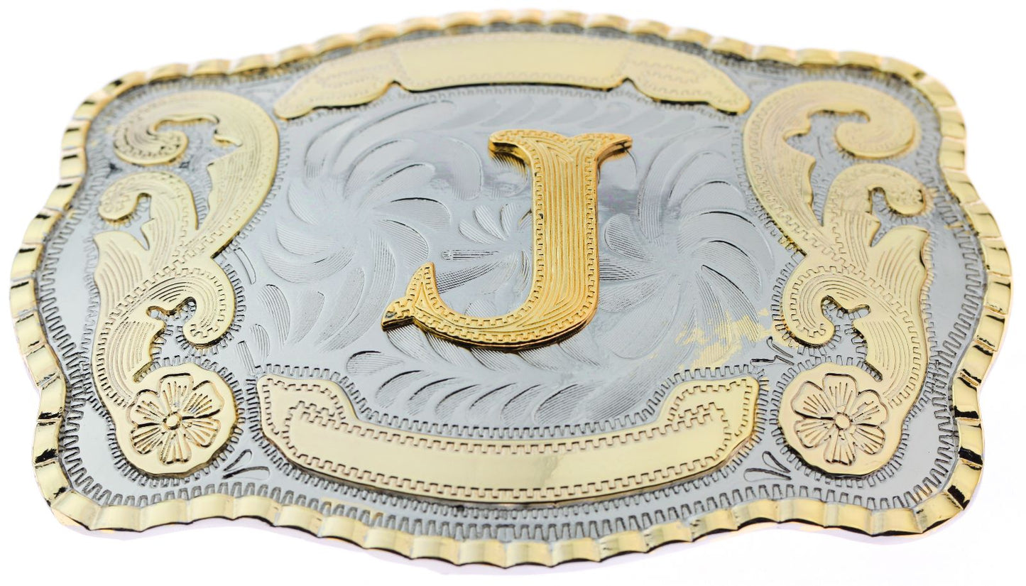 Initial Letter "J" Cowboy Rodeo Western Large Gold Tone Belt Buckle