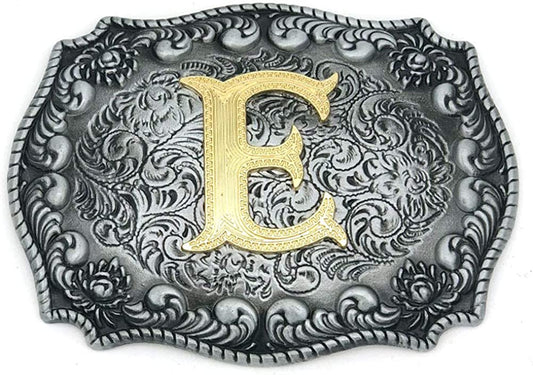 Unisex Letter "E" Adult Alphabet Letter Western Belt Buckle, Vintage Rodeo Gold/Silver
