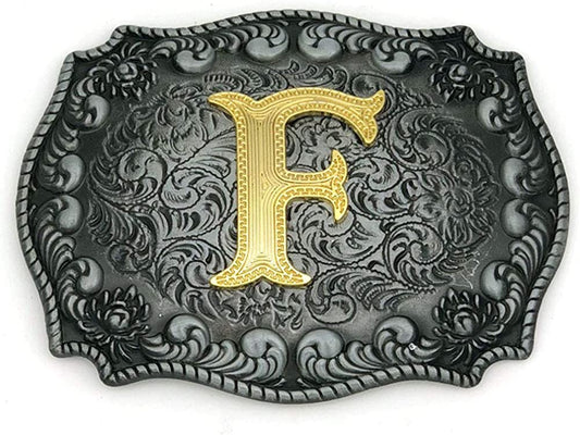 Unisex Letter "F" Adult Alphabet Letter Western Belt Buckle, Vintage Rodeo Gold/Silver
