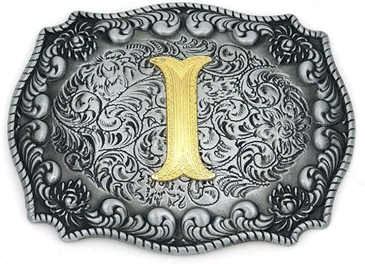 Unisex Letter "I" Adult Alphabet Letter Western Belt Buckle, Vintage Rodeo Gold/Silver