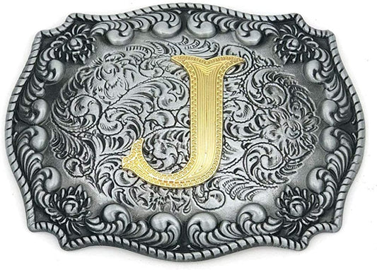 Unisex Letter "J" Adult Alphabet Letter Western Belt Buckle, Vintage Rodeo Gold/Silver