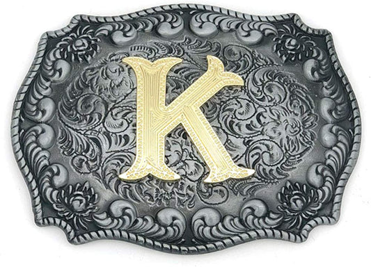 Unisex Letter "K" Adult Alphabet Letter Western Belt Buckle, Vintage Rodeo Gold/Silver