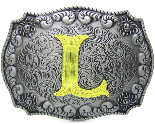 Unisex Letter "L" Adult Alphabet Letter Western Belt Buckle, Vintage Rodeo Gold/Silver