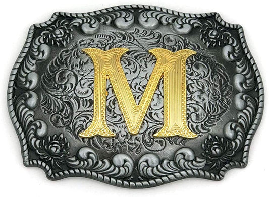 Unisex Letter "M" Adult Alphabet Letter Western Belt Buckle, Vintage Rodeo Gold/Silver