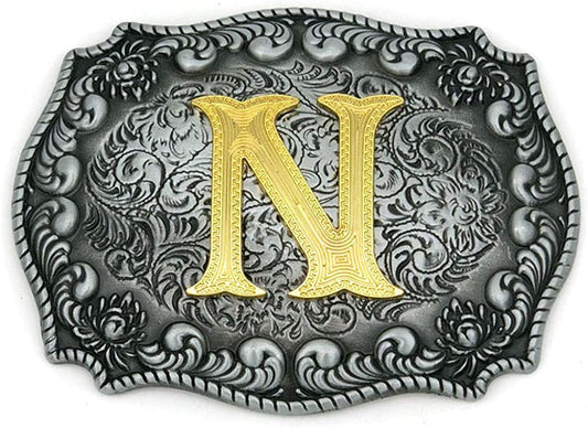 Unisex Letter "N" Adult Alphabet Letter Western Belt Buckle, Vintage Rodeo Gold/Silver
