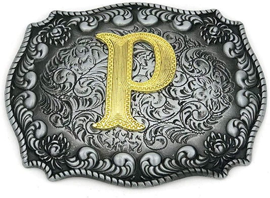 Unisex Letter "P" Adult Alphabet Letter Western Belt Buckle, Vintage Rodeo Gold/Silver