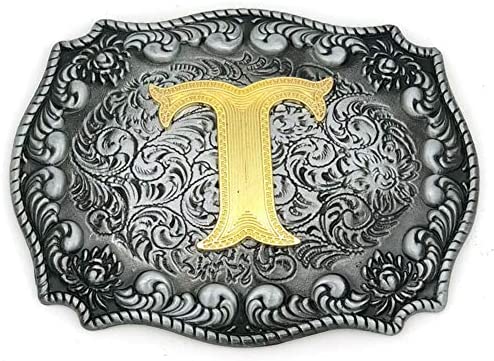 Unisex Letter "T" Adult Alphabet Letter Western Belt Buckle, Vintage Rodeo Gold/Silver