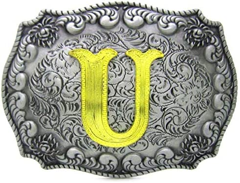 Unisex Letter "U" Adult Alphabet Letter Western Belt Buckle, Vintage Rodeo Gold/Silver