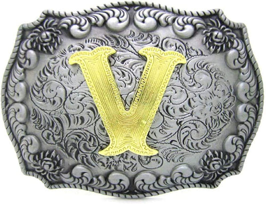 Unisex Letter "V" Adult Alphabet Letter Western Belt Buckle, Vintage Rodeo Gold/Silver