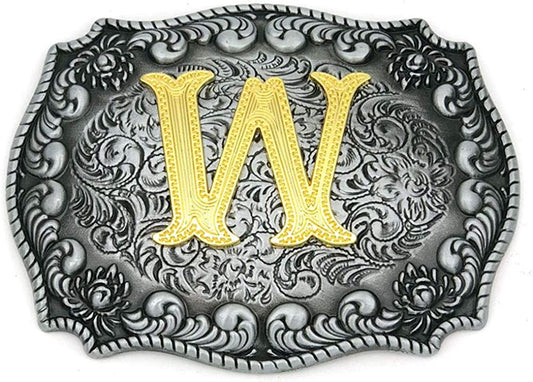Unisex Letter "W" Adult Alphabet Letter Western Belt Buckle, Vintage Rodeo Gold/Silver