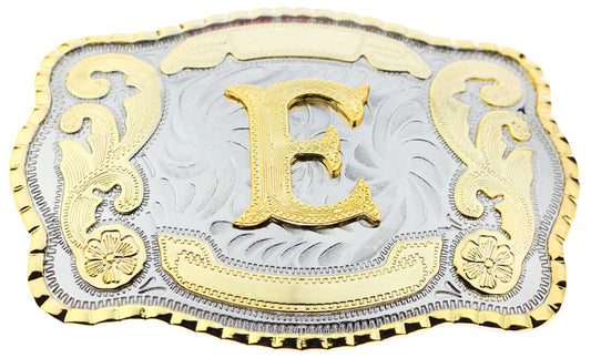 Initial Letter "E" Cowboy Rodeo Western Large Gold Tone Belt Buckle