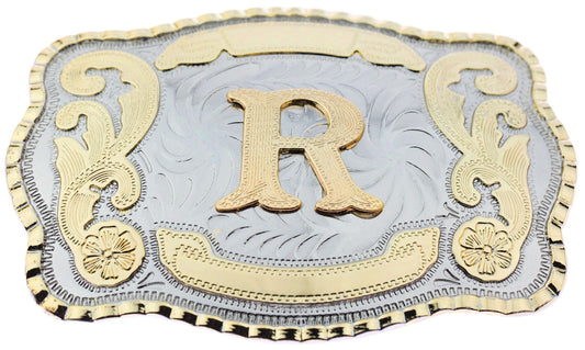 Initial Letter "R" Cowboy Rodeo Western Large Gold Tone Belt Buckle