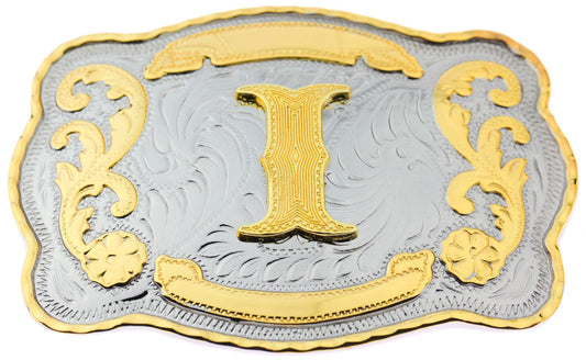 Initial Letter " I " Cowboy Rodeo Western Large Gold Tone Belt Buckle