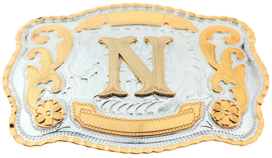 Initial Letter "N" Cowboy Rodeo Western Large Gold Tone Belt Buckle