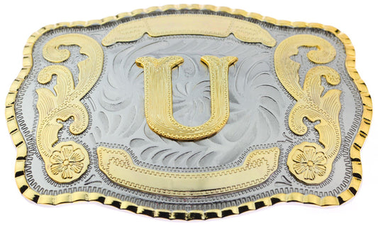 Initial Letter "U" Cowboy Rodeo Western Large Gold Tone Belt Buckle