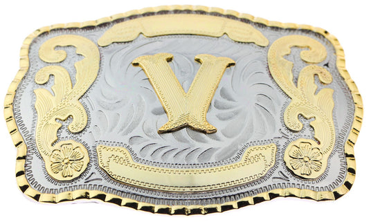 Initial Letter "V" Cowboy Rodeo Western Large Gold Tone Belt Buckle